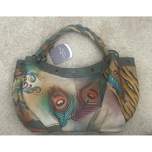 New Anuschka Hand Painted Leather Bag Floral Feather Butterfly Purse NWT